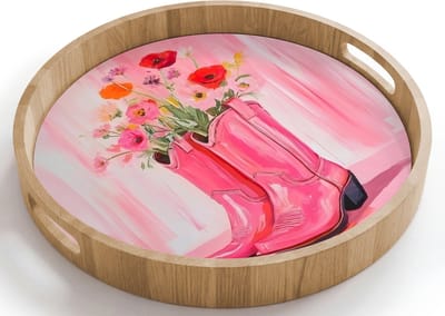 Dienblad rond 40x40 cm - Schootdienblad hout - Roze - Bloemen - Cowboy - Borrelplank rechthoek - Plateau houten dienbladen