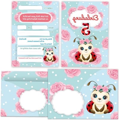 SnelShoppen - 12 Uitnodigingskaarten voor 5e Verjaardag Meisje met Lieveheersbeestje + 12 Enveloppen - Perfect voor Kinderfeestje, 10.5x14.8 cm, Zelfk