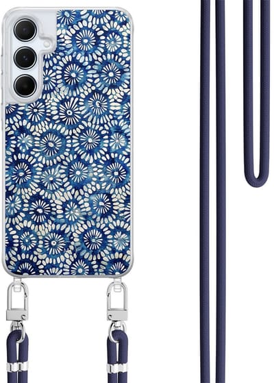 Hoesje met koord geschikt voor Samsung Galaxy A15 - Azure daisies - Inclusief Donkerblauw koord - Crossbody beschermhoes - Transparant, Blauw - Mooie Telefoonhoesjes
