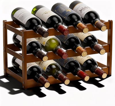 SnelShoppen - Fentar Wijnfleshouder 3 Niveaus - 12 Flessen Bamboe Wijnrek - Ruimtebesparend - Elegante Flessenhouder voor Keuken, Bar, Kelder (43 x 23