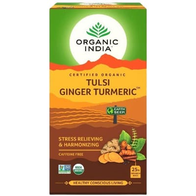 Thé au Tulsi, Gingembre et Curcuma (25 paquets, 1,9 g), Tisane Tulsi Gingembre Curcuma Bio Inde green