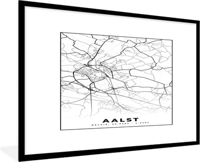 Fotolijst incl. Poster Zwart Wit- Stadskaart – Plattegrond – België – Zwart Wit – Aalst – Kaart - 120x80 cm - Posterlijst