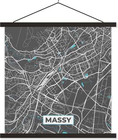 Posterhanger incl. Poster 60x60 cm - Schoolplaat - Frankrijk - Massy - Plattegrond - Kaart - Stadskaart - Textielposter - Zwarte latten - Stadskaart