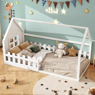 STILVORA Eenpersoonsbed 90x200 cm – Kinderbed Huisvorm Met Speels Hoofdeinde – 7 Latten & 140 Kg Draagvermogen – Grenen;MDF – Wit – Zonder matras