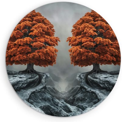 Saammp Muurcirkel Hout - 2 Oranje Bomen - Bloemen - Landschap - Natuur - Ø 90 - Wandcirkel - Wanddecoratie Cirkel - Muurdecoratie Woonkamer - Slaapkamer decoratie - Rond Schilderij
