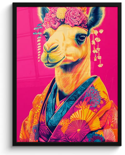 Poster in lijst - Fotolijst 50x70 cm - Posters - Kameel - Bloemen - Kimono - Waaiers - Posterlijst zwart - Decoratie - Wanddecoratie woonkamer - Muurdecoratie slaapkamer