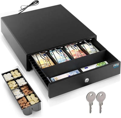 Professionele Kassalade met 4 Bankbiljetvakken en 8 Muntvakken (Euro) - Zwart, Automatisch Openend