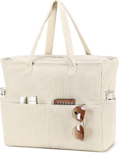 SnelShoppen - Grote waterdichte strandtas met ritssluiting dames - Zanddicht schoudertas, shopper, fitness reistas, corduroy beige voor zwembad en fam