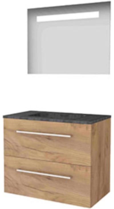 Basic-Line Economic 46 Badkamermeubelset - 80 x 46 cm - Met Grepen - 2 Lades - Hardstenen Wastafel - Zonder Kraangat - Spiegel met LED Verlichting - Whisky Oak