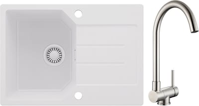 Anycee MAX Spoelbak Keuken 65x45CM - Granieten Spoelbakken Met Hoge Druk Keukenkraan - Onderbouw Spoelbak Wit - Met waterafvoersysteem - Voor 40 cm kast
