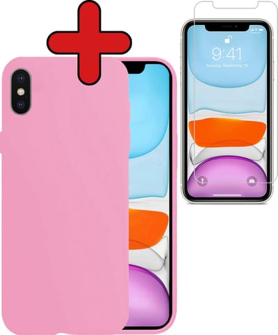 Hoesje - Met Screenprotector - Geschikt voor Apple iPhone X - Sterk & Shockproof - Telefoon Hoes - Back Cover - Siliconen Case - Telefoonhoes - Lichtroze