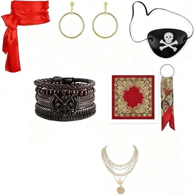 Vrouwelijk Piraten Kostuum Set van 7 Stukken - Verkleedset met Ooglapje, Oorbellen, Ketting, Armband, Hoofddoek en Riem - Zwart en Goud - Carnaval en Halloween Cosplay Accessoires