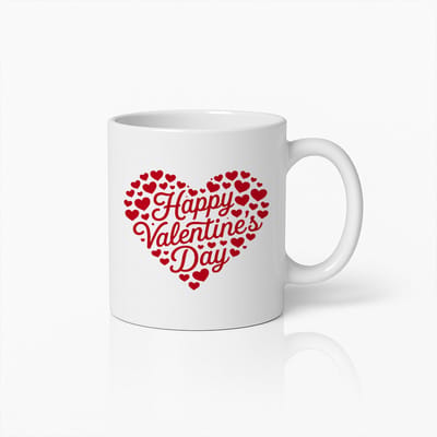 Happy Valentine’s Day Hartjes Mok 330ml – Witte Keramische Koffiemok met Rode Hartjes Design – Romantisch Valentijn Cadeau voor Hem of Haar