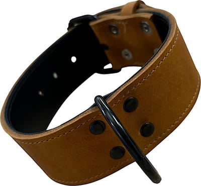 K9World by van der Veeke, Lederen Hondenhalsband - Black Edition Hardware – 5 cm Breed – Dubbel Leer – Handgemaakt – Cognac Bruin – Maat 40–50 cm