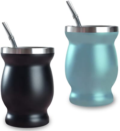 2 stuks Mate bekers: Mate theebekerset met lepel en reinigingsborstel, dubbelwandig Yerba Mate theeset, geïsoleerd roestvrij staal voor kantoor, auto en reizen, zwart + groen