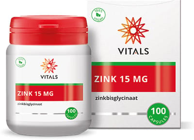 Vitals Zink 15 mg - 100 capsules - mineralen. Hoogwaardig zinkbisglycinaat.