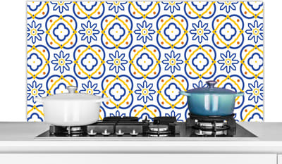 Spatscherm keuken 120x60 cm - Kookplaat achterwand Bloem - Blauw - Geel - Tegels - Patronen - Muurbeschermer - Spatwand fornuis - Hoogwaardig aluminium