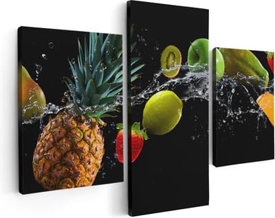 Artaza Canvas Schilderij Drieluik Fruit Met Water Op Zwart Achtergrond - 90x60 - Foto Op Canvas - Canvas Print