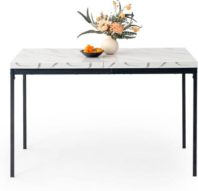 Moderne Rechthoekige Eettafel met Marmerlook en Metalen Poten voor 4-6 Personen