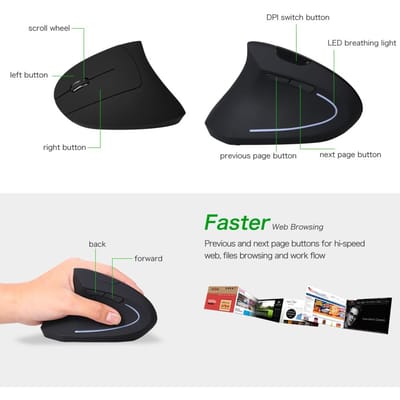 Souris verticale sans fil 2.4G, USB, ergonomique, pour gaucher, haute précision