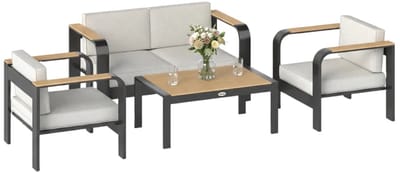Tuinset - Loungeset met 2-Zitsbank, 2 Fauteuils, Salontafel & Kussens - Tuinmeubelset voor 4 Personen - Waterafstotend - Extra Diep - Tuinbank - Zitset - Tuinsalon - Zitgroep - voor Terras, Balkon, Tuin - Beige