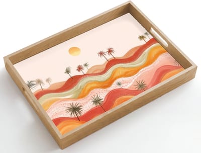 Dienblad hout 50x35 cm - Schootdienblad - Abstract landschap - Palmbomen - Kleurrijk - Borrelplank rechthoek - Plateau dienbladen