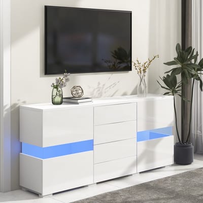 MODENUIT Dressoir - Ledverlichting En 4 Lades - Voor Woonkamer En Eetkamer - MDF Wit Hoogglans - 140x35x72 Cm
