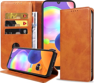 Smartphonica Samsung Galaxy A31 leren hoesje met magnetische sluiting en pashouders – Bruin geschikt voor Samsung Galaxy A31