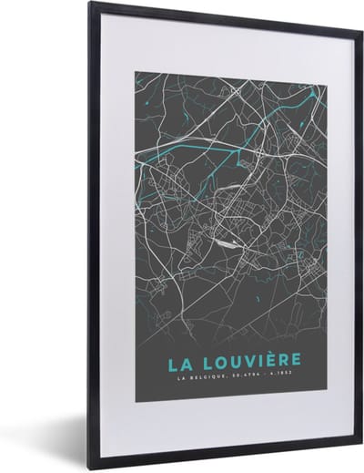 Fotolijst incl. Poster - Plattegrond – La Louvière – Blauw – Stadskaart - Kaart - 40x60 cm - Posterlijst
