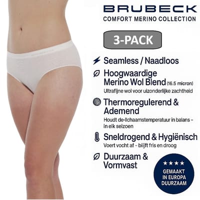 Brubeck Dames Slip Klassiek – Merino Wol Blend Naadloos Ondergoed – 3 PACK - Crème – Maat L