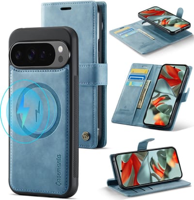 Casemania Hoesje Geschikt voor Google Pixel 10 Pro - Aqua Blue - 2 in 1 Magnetische Book Case met Uitneembare Back Cover - Geschikt voor Qi2 en MagSafe - Telefoonhoesje met Pasjeshouder - Licht Blauw