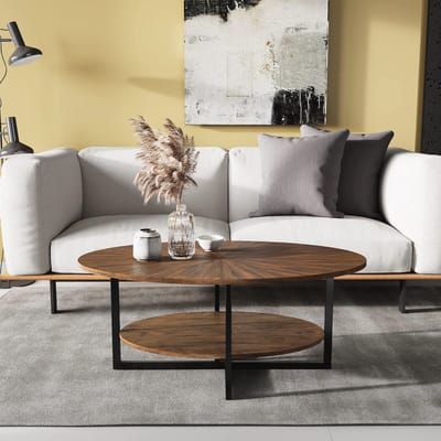 Massief houten ovale salontafel met metalen poten - 110 cm - Industriële middentafel met opbergruimte