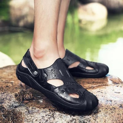 Zomer Heren Sandalen Echt Koeienhuid Leer Ademend Hol Strand Schoenen Gaten Schoenen Zachte Zool Ademend Waterdichte Sandalen 38 beige