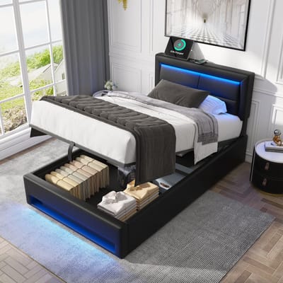 REDOM Ledikant 90x200 cm – PU zwart – Met draadloos laden, LED & opbergruimte – Modern