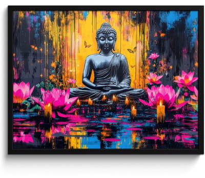 Poster in lijst - Fotolijst 70x50 cm - Posters - Buddha - Bloemen - Kaarsen - Geel - Posterlijst zwart - Decoratie - Wanddecoratie woonkamer - Muurdecoratie slaapkamer