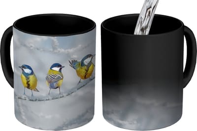Magische Mok - Foto op Warmte Mokken - Koffiemok - Vogel - Koolmees - Winter - Sneeuw - Takken - Magic Mok - Beker - 350 ML - Theemok