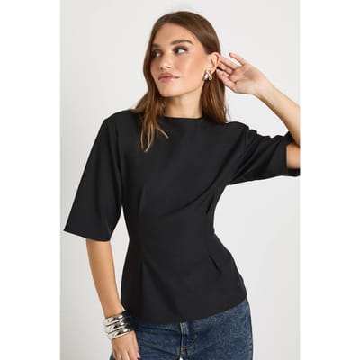boohoo Dames Geweven Marl Cinch Taille Top | Zwart | Maat: 36