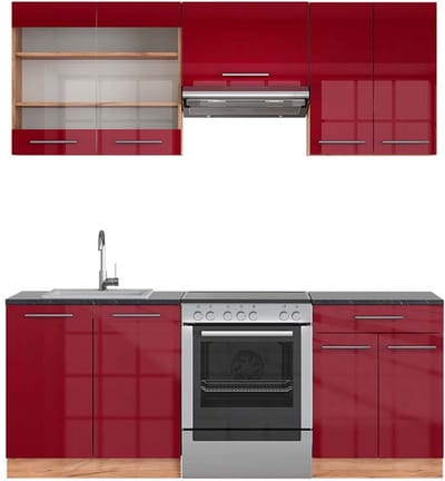 Vicco Fame-Line Complete keukeneenheid – 200 cm, WB Antraciet Bordeaux hoogglans/gouden eik