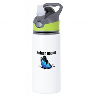 Hacebo® - blauwe vlinder met eigen naam waterfles met rietje groen - Vlinder - dieren liefhebber - iemand die houdt van vlinders - verjaardag - cadeau - kado - geschenk - water fles - 650ML
