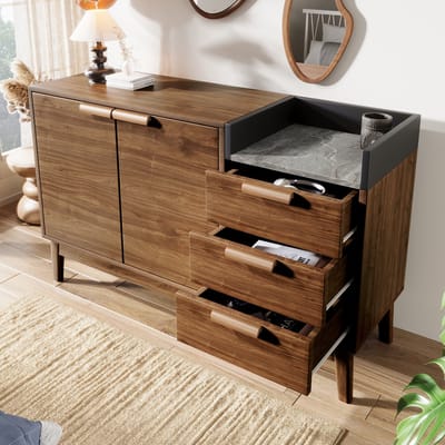 MODENUIT Dressoir - 3 Lades, Open Vak En 2 Deuren - Voor Woonkamer En Hal - Hout En Metaal - 120x40x77 Cm