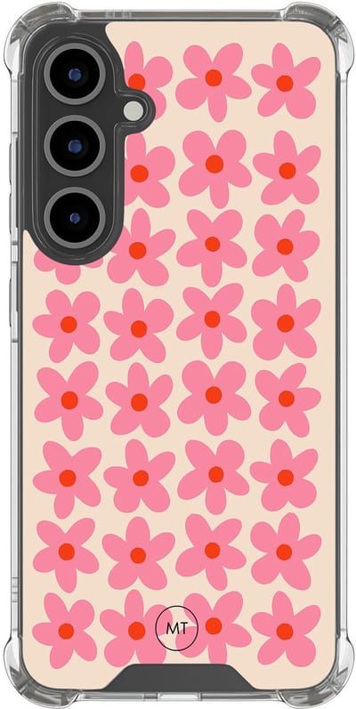 Hoesje (shockproof) geschikt voor Samsung Galaxy S24 FE - Retro Blooms - Extra sterke case - TPU/polycarbonaat - Bloemen - Roze, Transparant