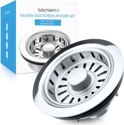 Bächlein Pop Up afvoerset voor de gootsteen [Ø 114mm], Pop Up nu ook voor de gootsteen, gepolijste rvs gootsteenafvoer, zeefmandventiel zeefmandventiel