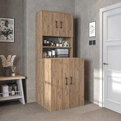 Badkamer wasmachinekast met bovenkast - 70 x 180 x 69 cm - Eiken
