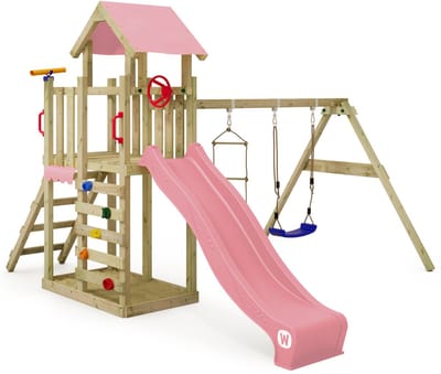 Wickey MultiFlyer Light Speeltoestel - Speeltoren met Schommel en Glijbaan - Inclusief Zandbak en Touwladder - 371x272x252 cm - Pastelroze