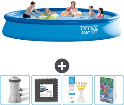 Intex Rond Opblaasbaar Easy Set Zwembad - 457 x 84 cm - Blauw - Inclusief Pomp Vloertegels - Testrips - Zwembadgids