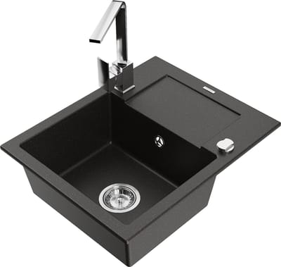 Mexen Enzo granieten spoelbak 1-baks met afdruipplaat en keukenkraan Rita, zwart/goud metallic - 6506-75-670300-00