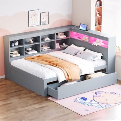 Houten Slaapbank 140x200 Grijs met USB & LED – Bed met Lades