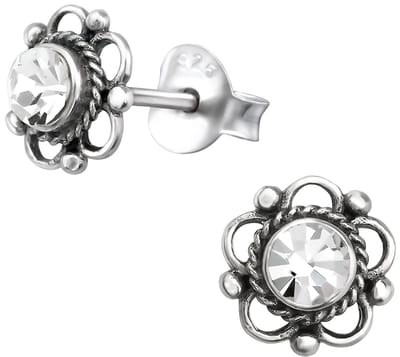 Joy|S - Zilveren Bali bloem oorbellen - 7 mm - kristal - geoxideerd
