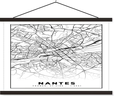 Posterhanger incl. Poster 60x40 cm - Schoolplaat - Stadskaart - Plattegrond - Nantes - Kaart - Frankrijk - Zwart wit - Textielposter - Zwarte latten - Stadskaart