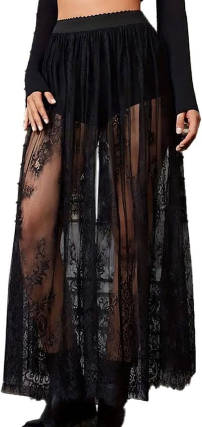 Sexy 2-in-1 Transparante Mesh Lange Rok met Elastische Taille en Onderrok voor Festivals en Disco's - Zwart, Maten S-XL